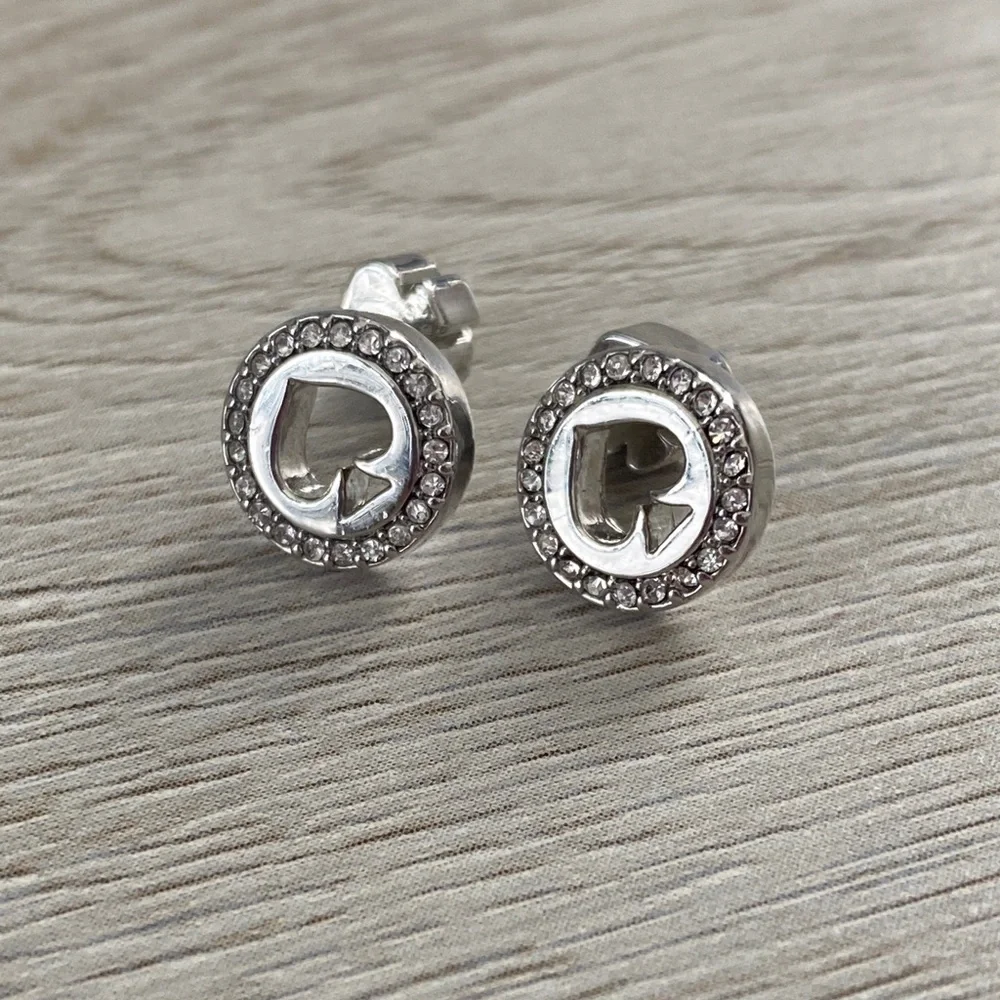 Kate Spade Sparkle Silver Spot the Spade Pave Halo Heart Stud Earrings Dust Bag
